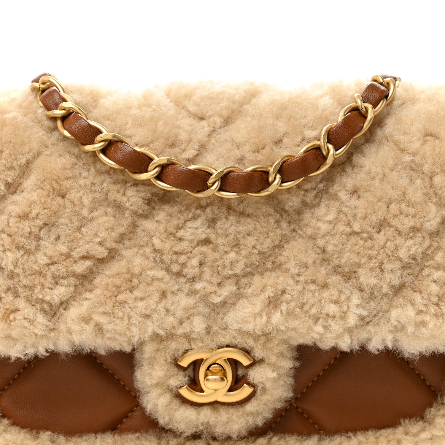 Chanel Shearling Lambskin Quilted Mini Furry Coco Flap Beige Brown