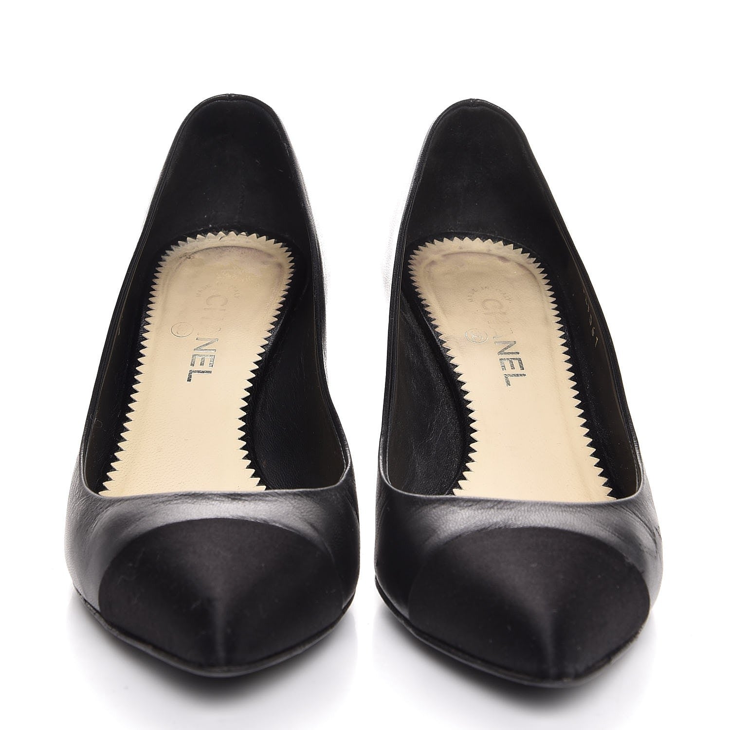 Chanel Lambskin Satin CC Cap Toe Kitten Heel Pumps 34.5 Black 2 of 12
