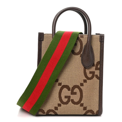 Gucci Monogram Jumbo GG Textured Dollar Calfskin Web Mini Vertical Tote Camel Ebony New Acero 1 of 9