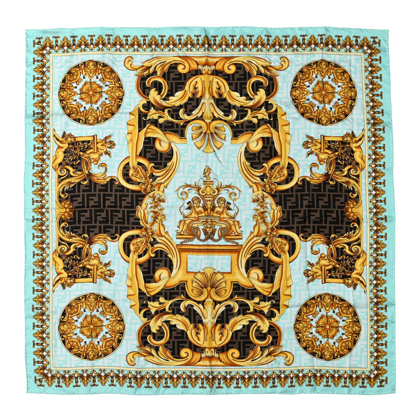 X VERSACE Silk FF Baroque Foulard Scarf Gold
