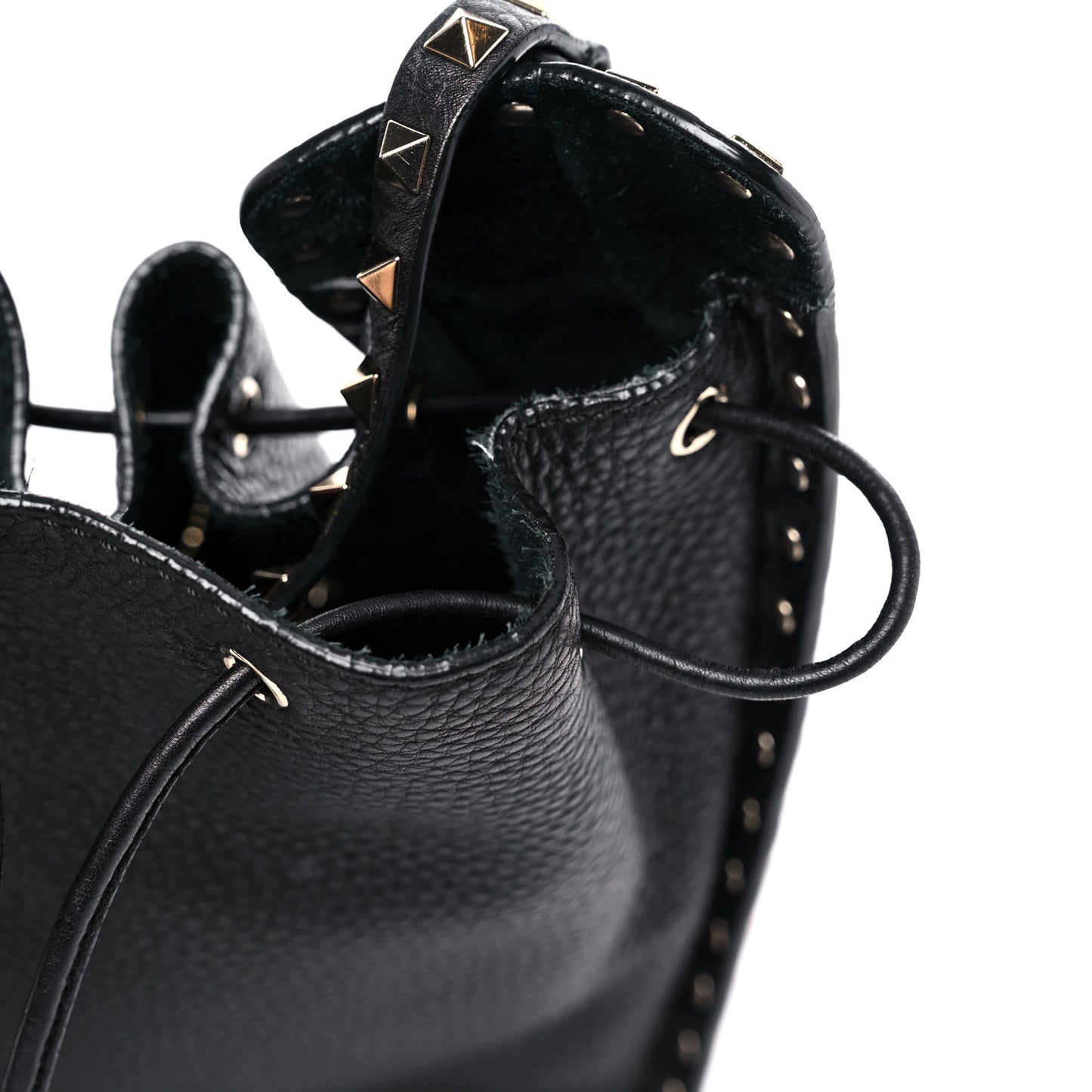 Grained Calfskin Rockstud Bucket Bag Black