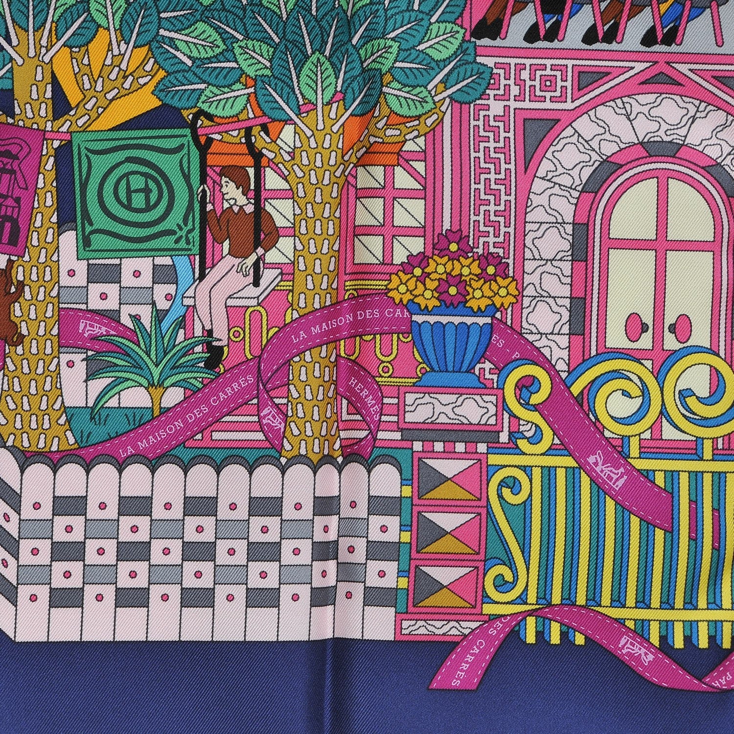 Hermes Silk La Maizeon Des Carres Scarf 90 Marine Rose Vert 4 of 9