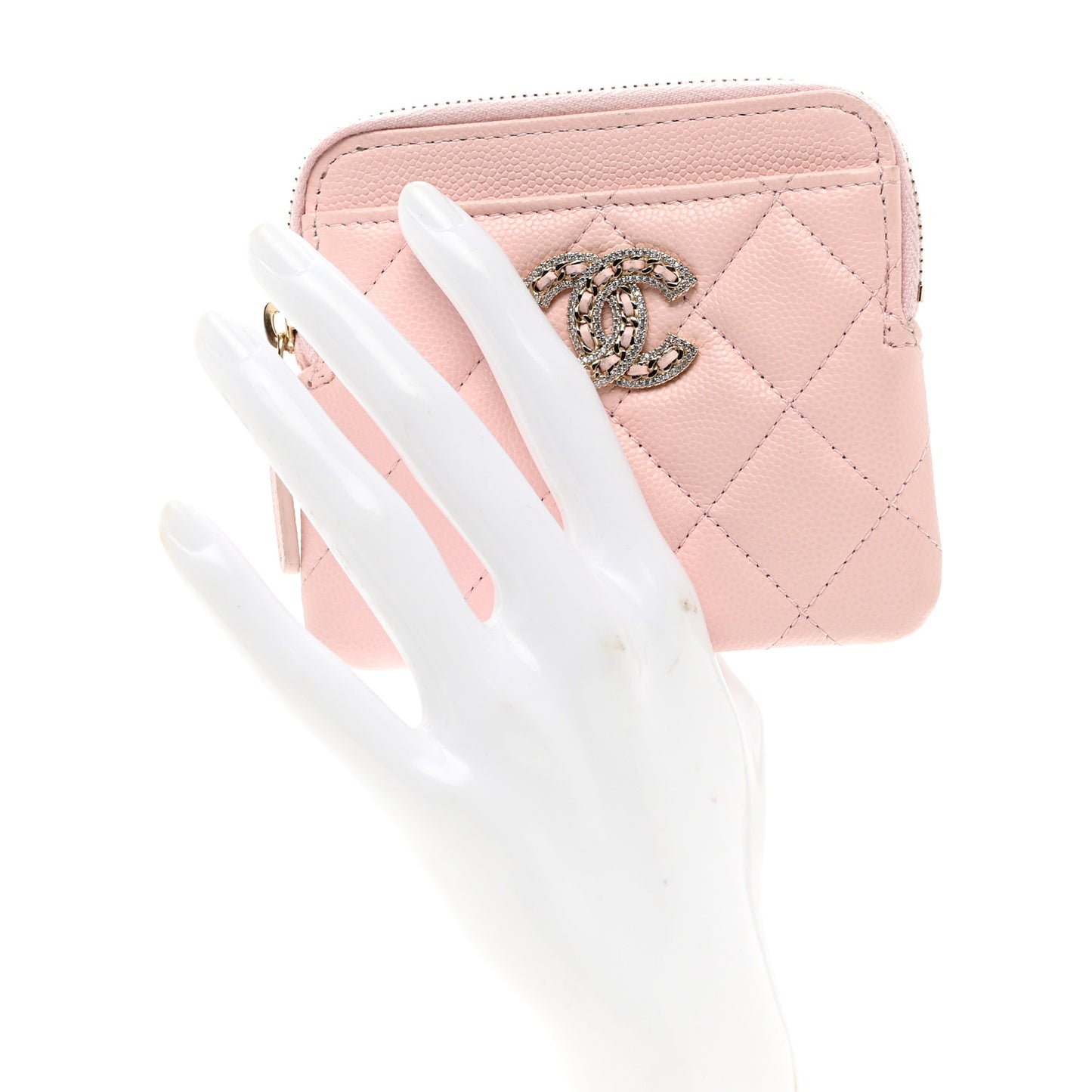 Caviar Quilted Crystal Zip Card Holder Wallet Light Pink