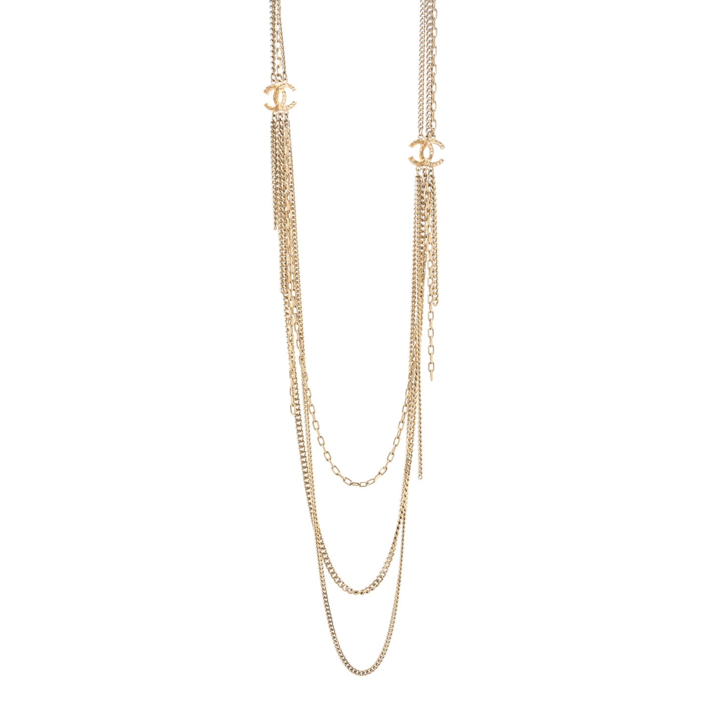 Baguette Crystal Gripoix Poured Glass CC Multi Strand Chain Necklace Light Gold