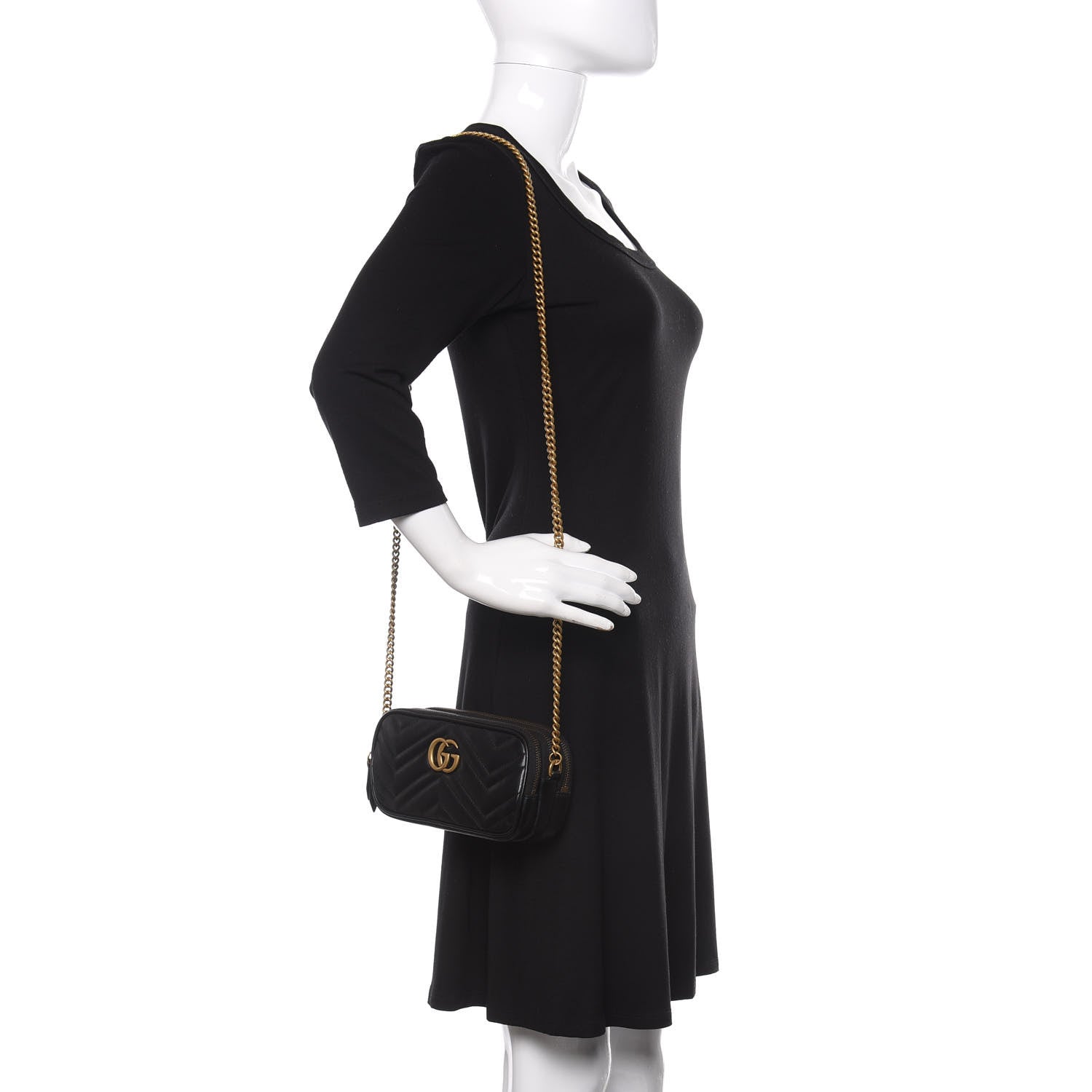 Gucci Calfskin Matelasse Mini GG Marmont Chain Crossbody Bag Black 2 of 12