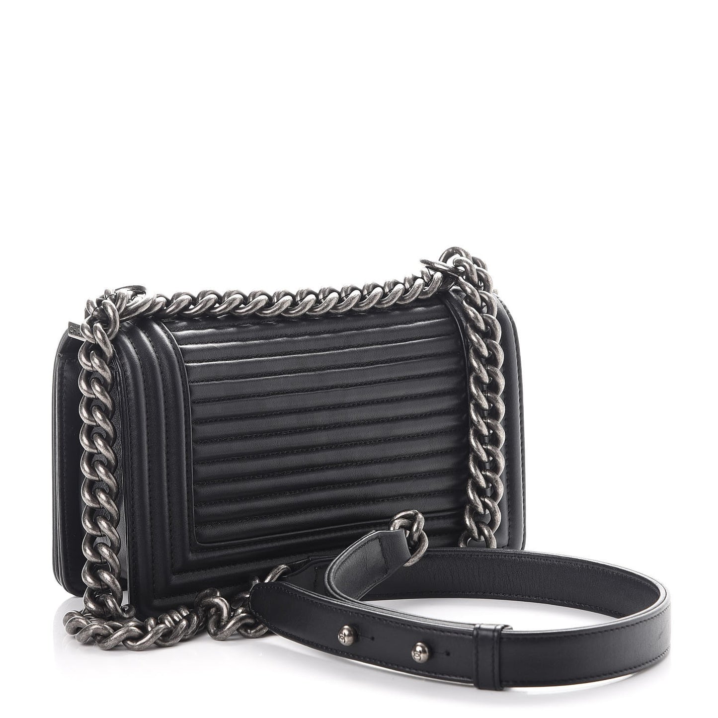 Calfskin Horizontal Quilted Small Boy Flap Black