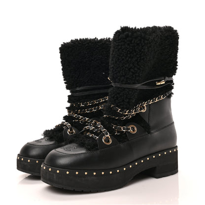 Chanel Calfskin Shearling Lambskin CC Cap Toe Chain Snow Boots 38 Black 3 of 7