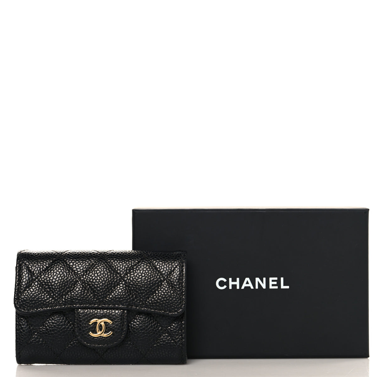 Caviar Quilted Flap Card Holder Wallet Black