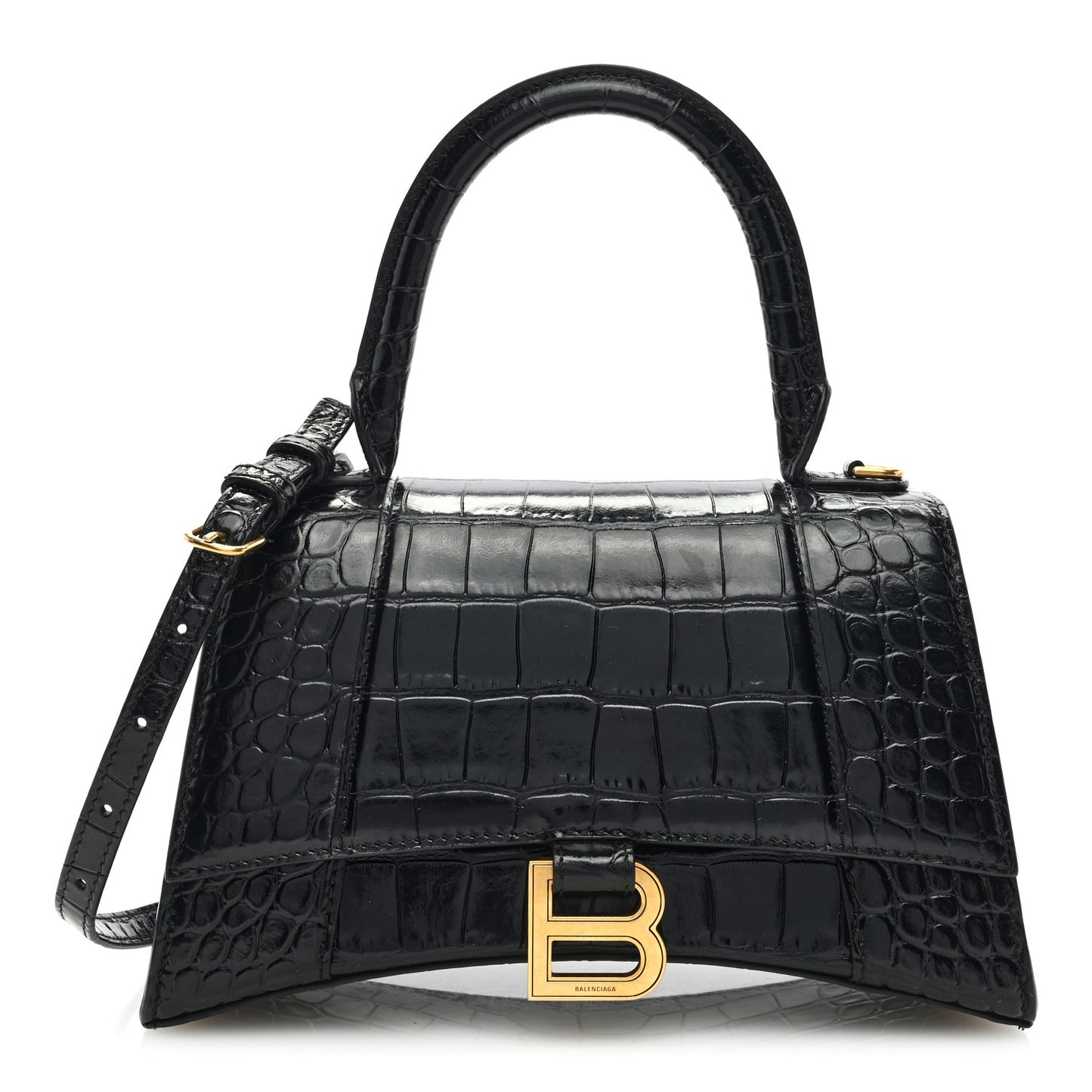 Shiny Calfskin Crocodile Embossed Small Hourglass Top Handle Bag Black