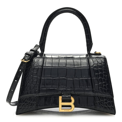 Balenciaga Shiny Calfskin Crocodile Embossed Small Hourglass Top Handle Bag Black 1 of 9