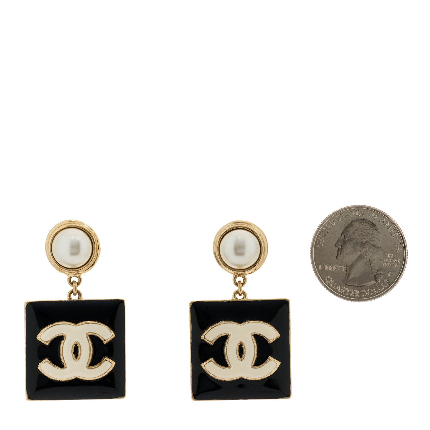 Chanel Metal Enamel Pearl Square CC Drop Earrings Gold Black White 2 of 5