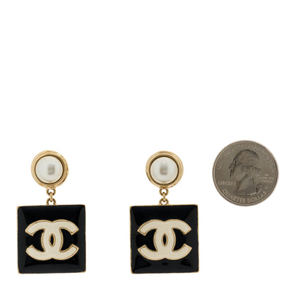 Chanel Metal Enamel Pearl Square CC Drop Earrings Gold Black White 2 of 5
