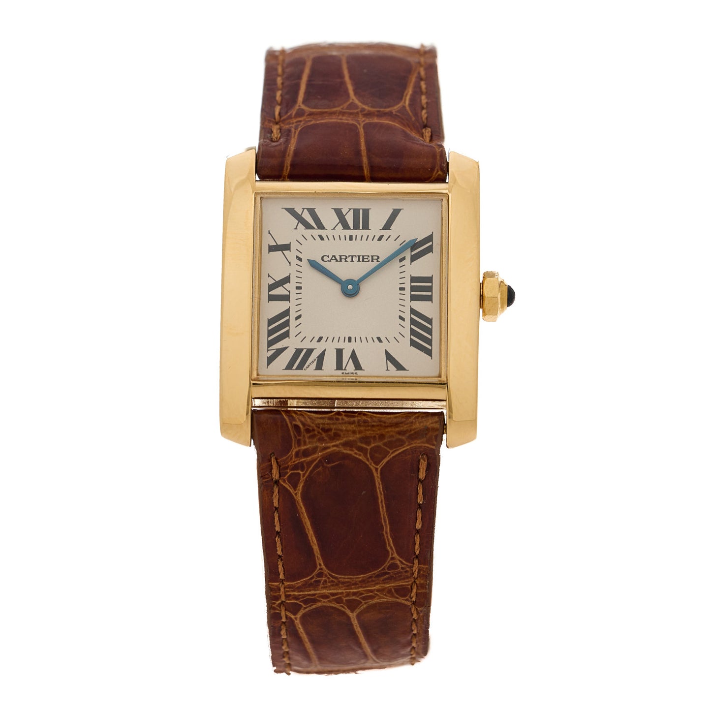 18K Yellow Gold Alligator 25mm Tank Francaise Quartz Watch Brown