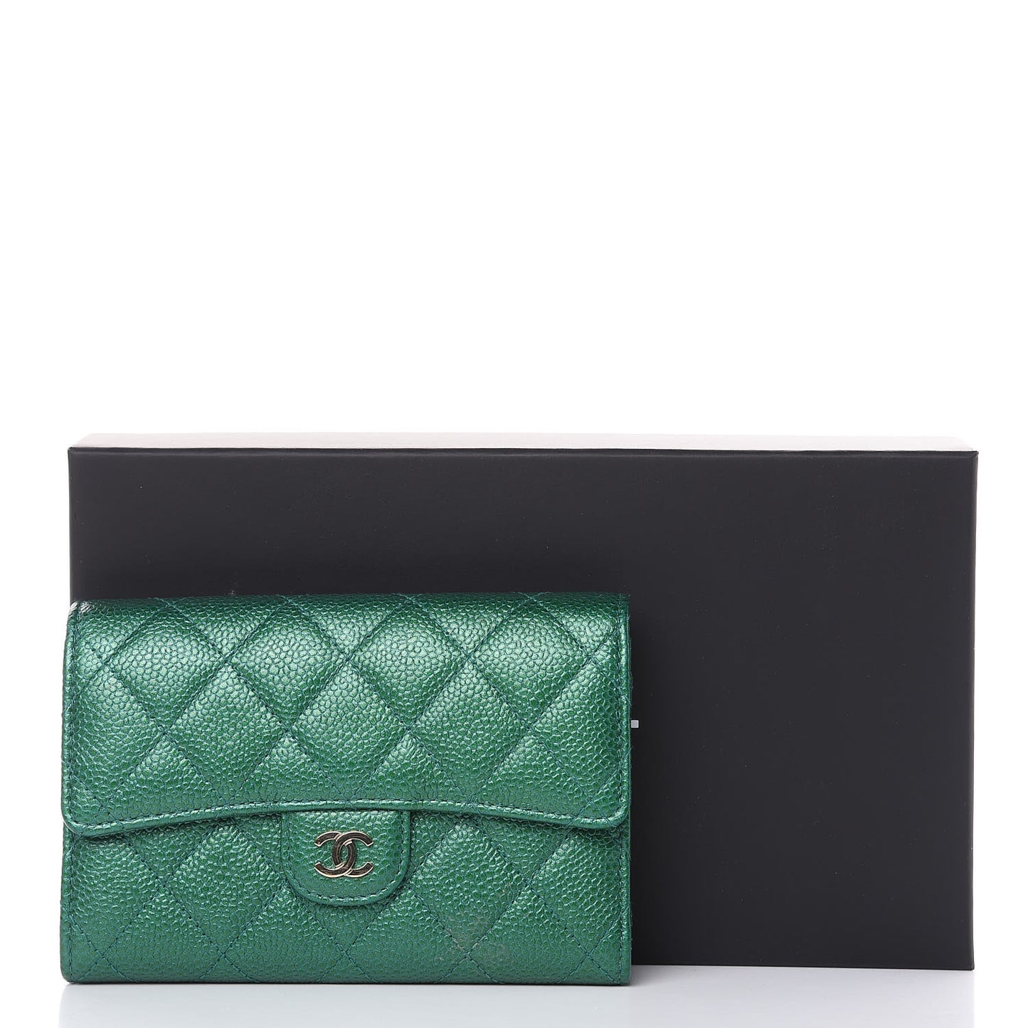 Metallic Caviar Quilted Medium Flap Wallet Green