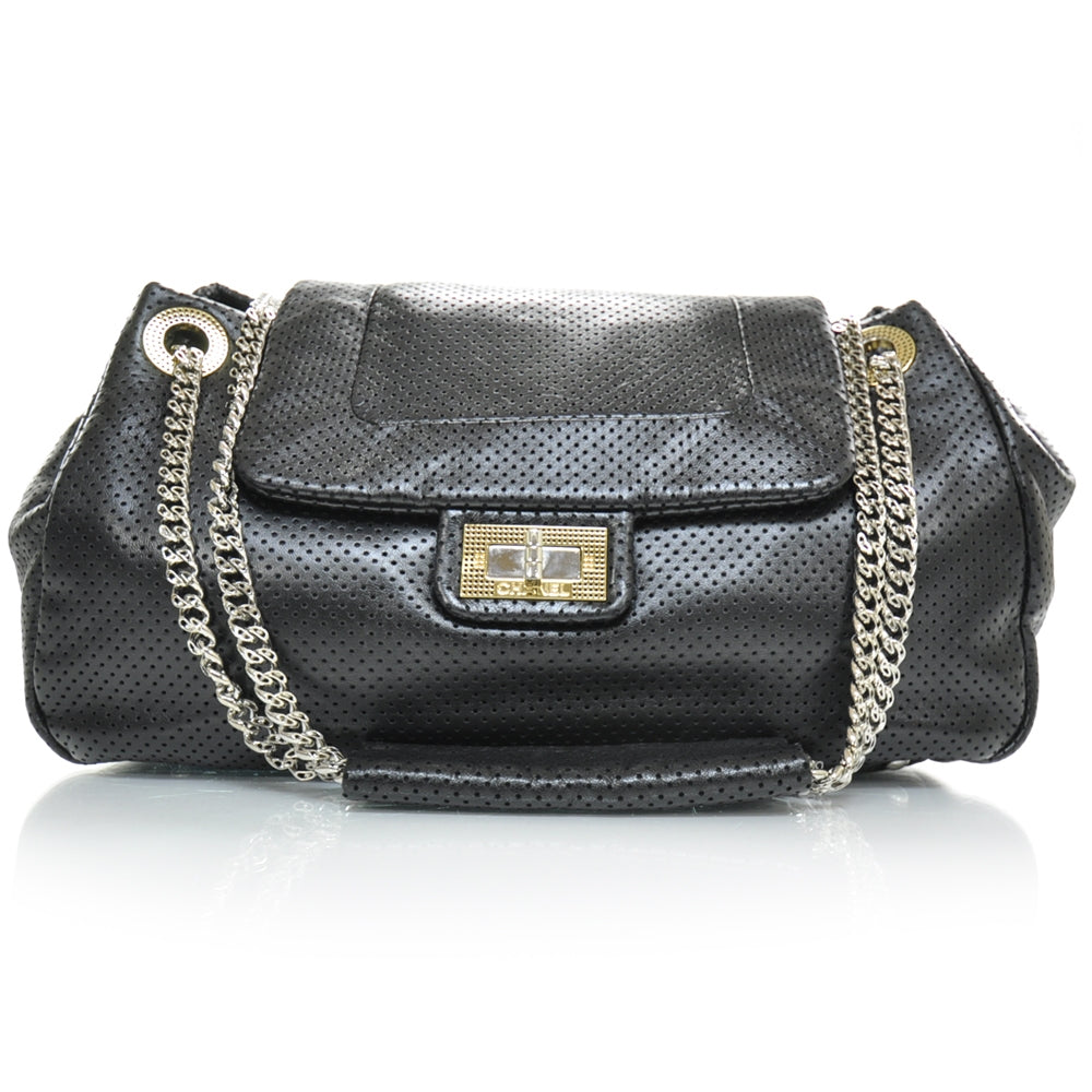 Metallic Calfskin Perforated Large Drill Accordion Flap Black