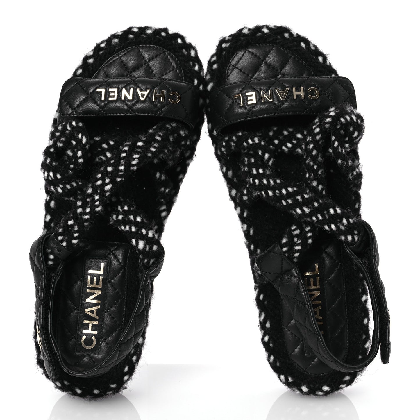 Cord Lambskin Quilted Logo Sandals 37 Black White