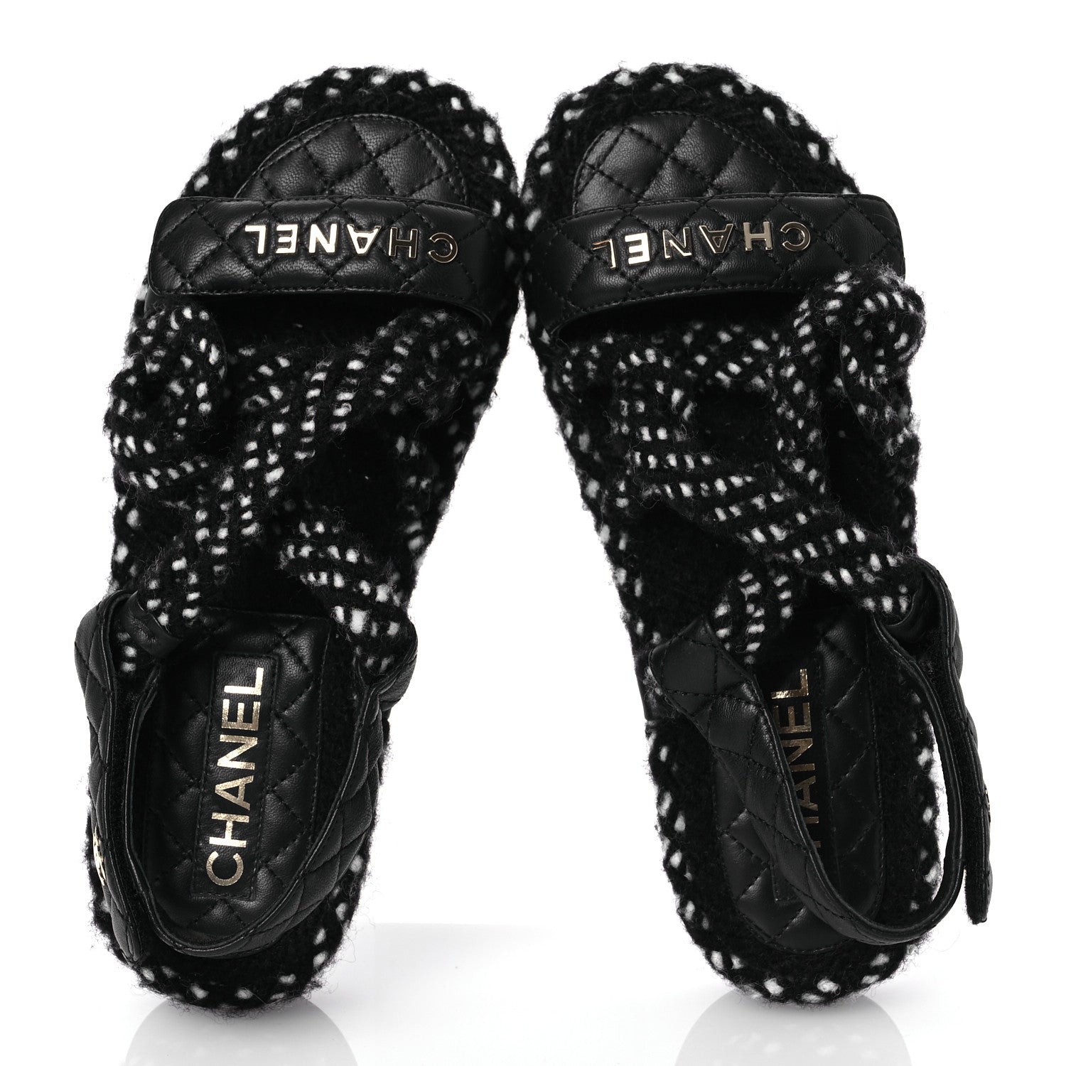 Chanel Cord Lambskin Quilted Logo Sandals 37 Black White 2 of 14