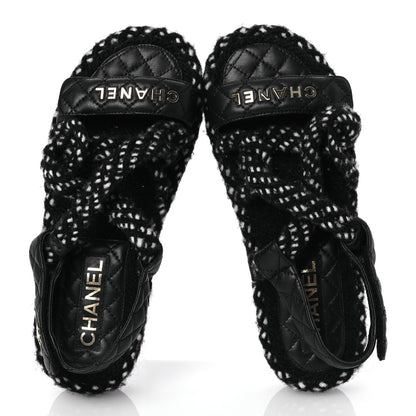 Chanel Cord Lambskin Quilted Logo Sandals 37 Black White 2 of 14