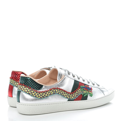 Gucci Metallic Nappa Ayers Web Dragon Embroidered Mens New Ace Sneakers 11 Silver 4 of 10