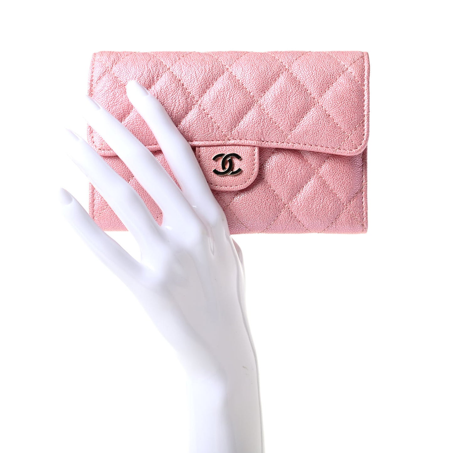 Iridescent Caviar Quilted Medium Flap Wallet Rose Pink