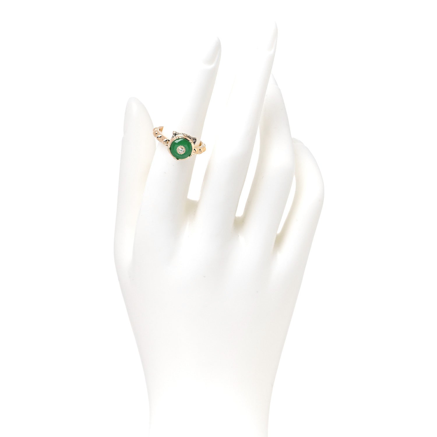 Gucci 18K Yellow Gold Jade Diamond Le Marché Des Merveilles Feline Ring 49 5 2 of 8