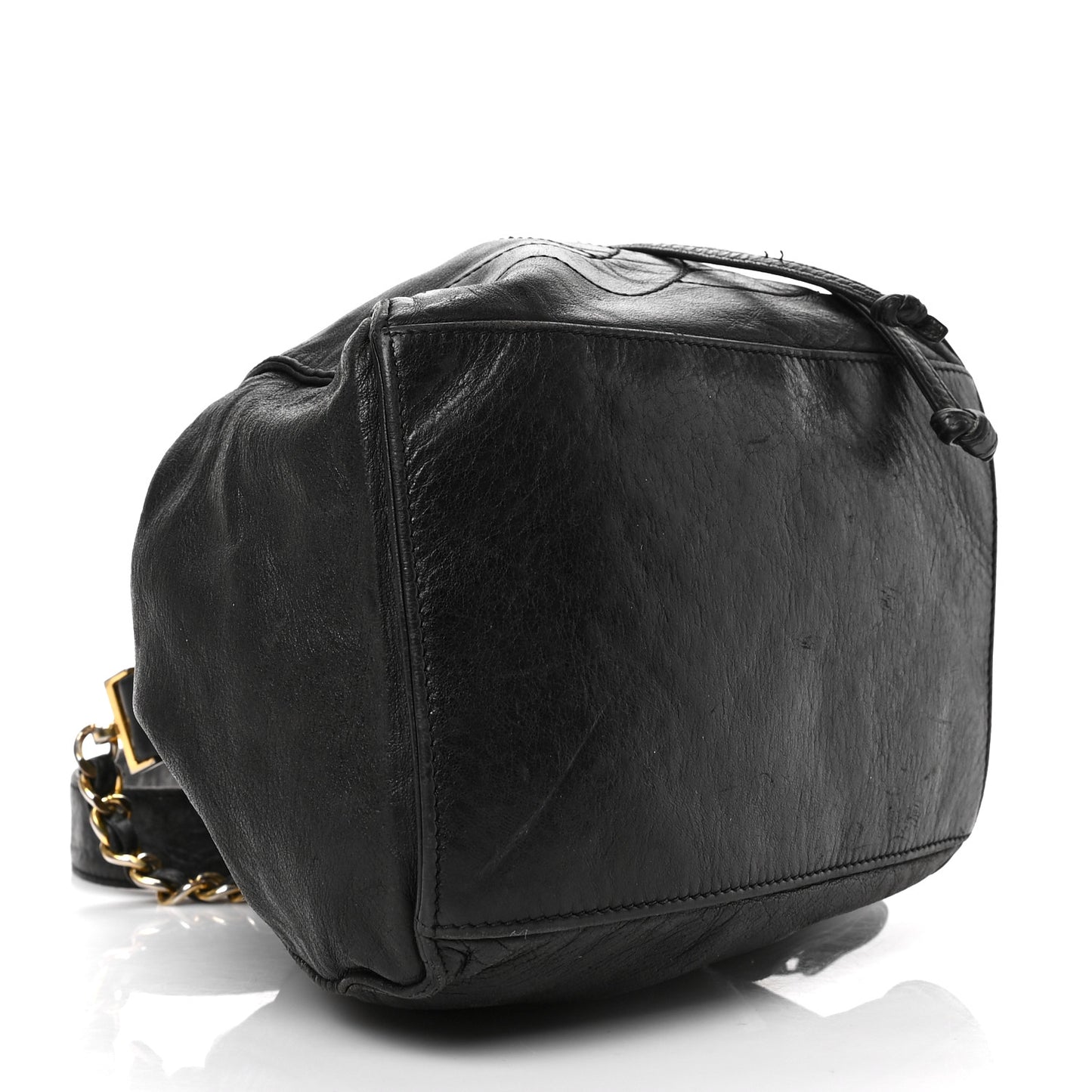 Lambskin CC Stitched Drawstring Bucket Bag Black