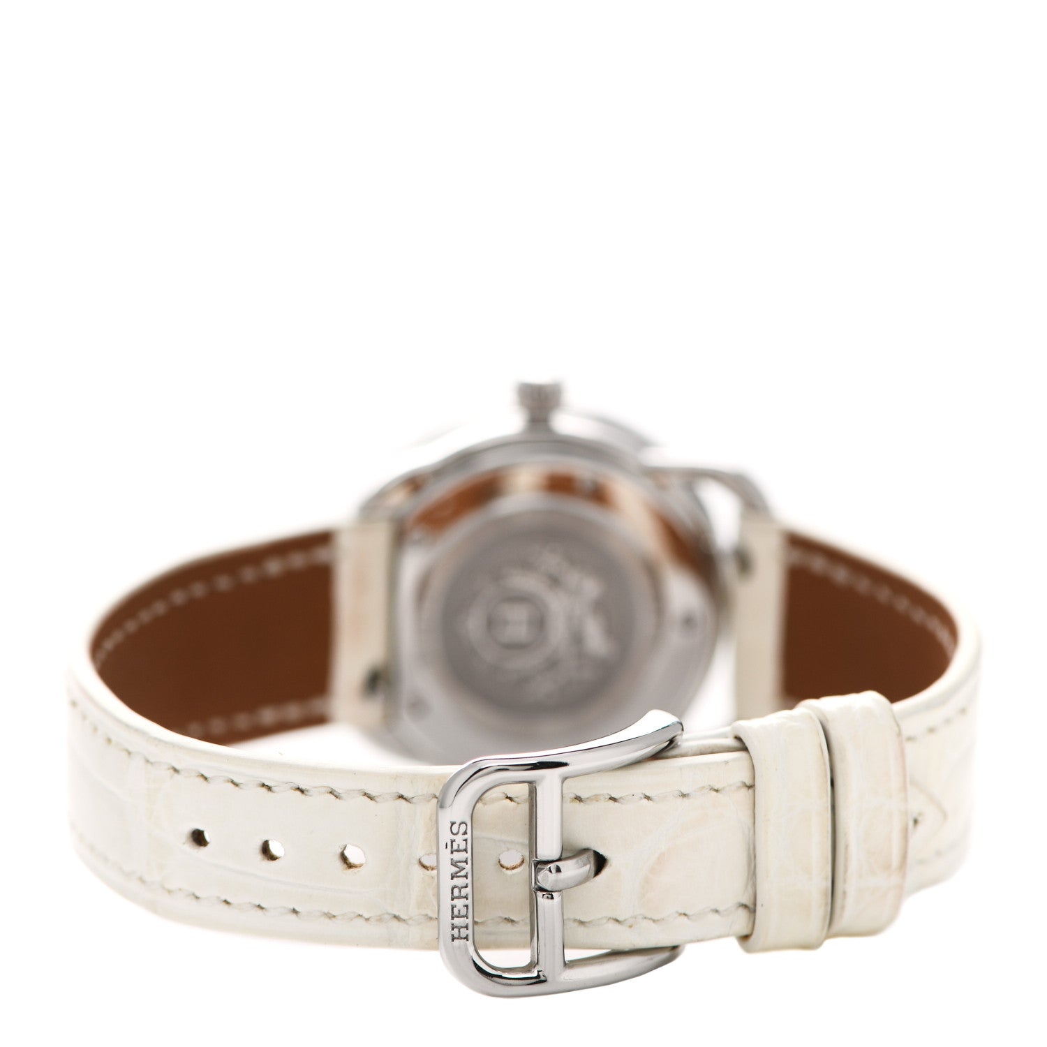 Hermes Stainless Steel Alligator Diamond Mother of Pearl 28mm Arceau Cavales Quartz Watch Blanc 3 of 5
