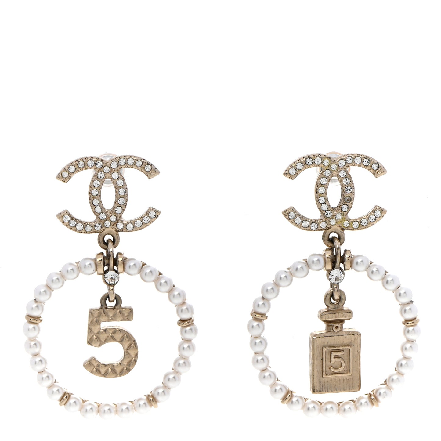 Crystal Pearl Chanel Charms CC Drop Earrings Gold