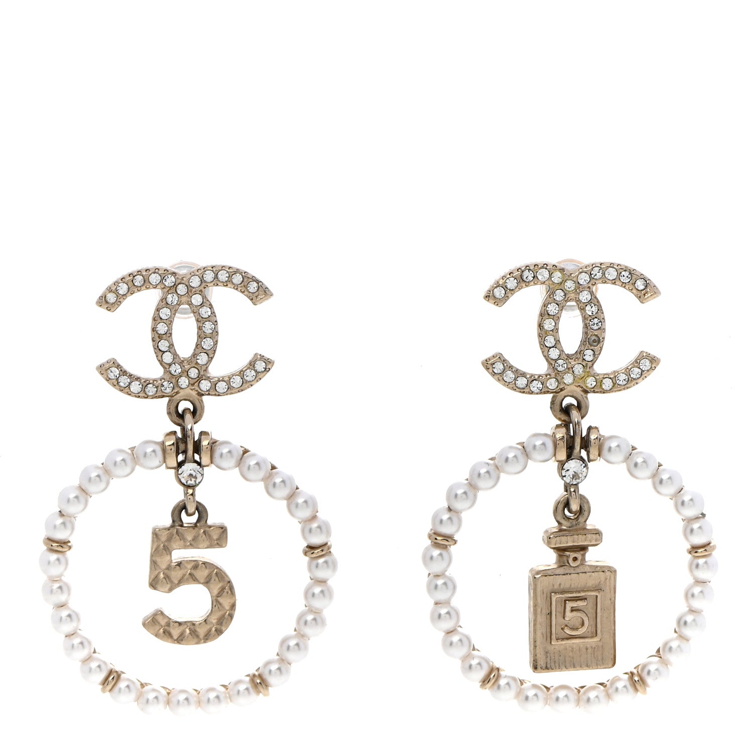 Chanel Crystal Pearl Chanel Charms CC Drop Earrings Gold 1 of 6
