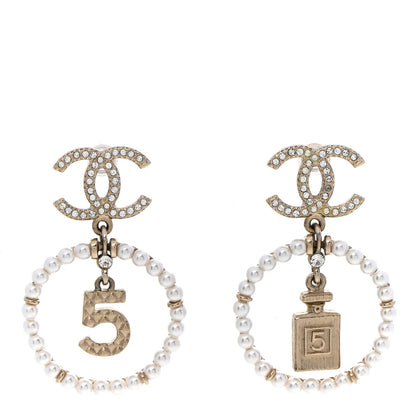 Chanel Crystal Pearl Chanel Charms CC Drop Earrings Gold 1 of 6