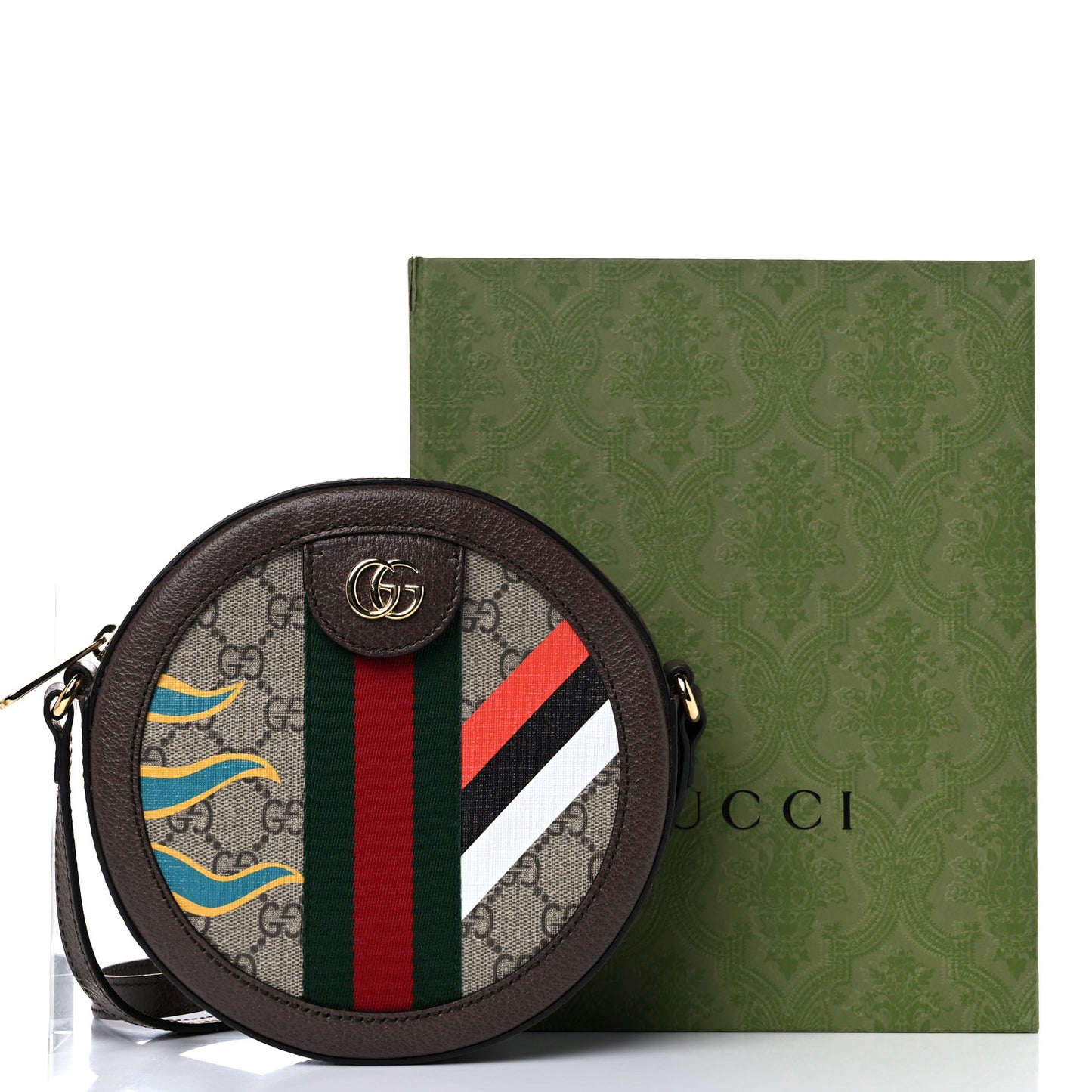 GG Supreme Monogram Equestrian Web Mini Ophidia Round Shoulder Bag Brown