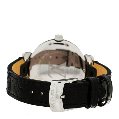 Louis Vuitton Stainless Steel Monogram 35mm Tambour Moon Dual Time Quartz Watch Silver 3 of 6