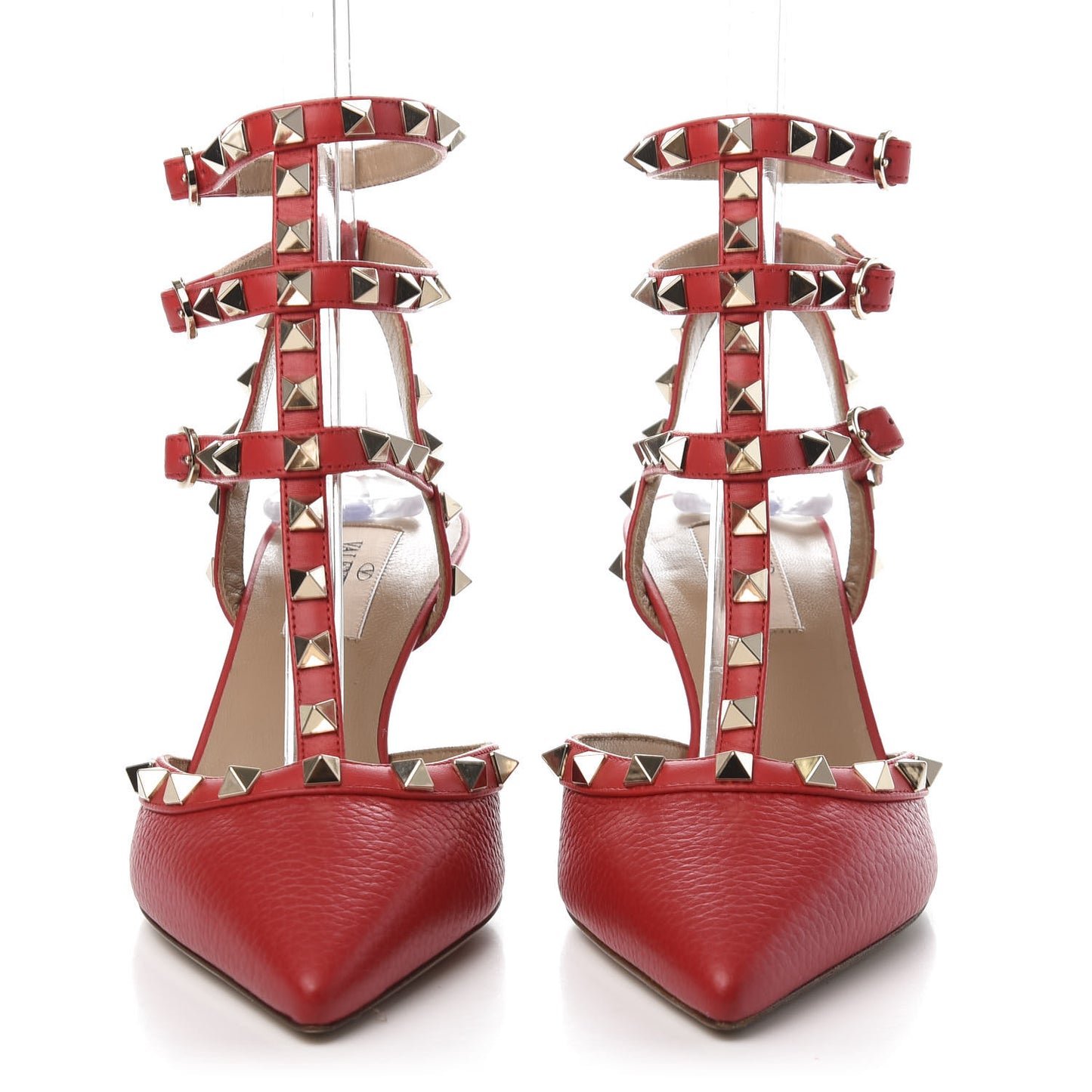 Pebbled Calfskin Rockstud Ankle Strap Low Heel Pumps 37 Rosso