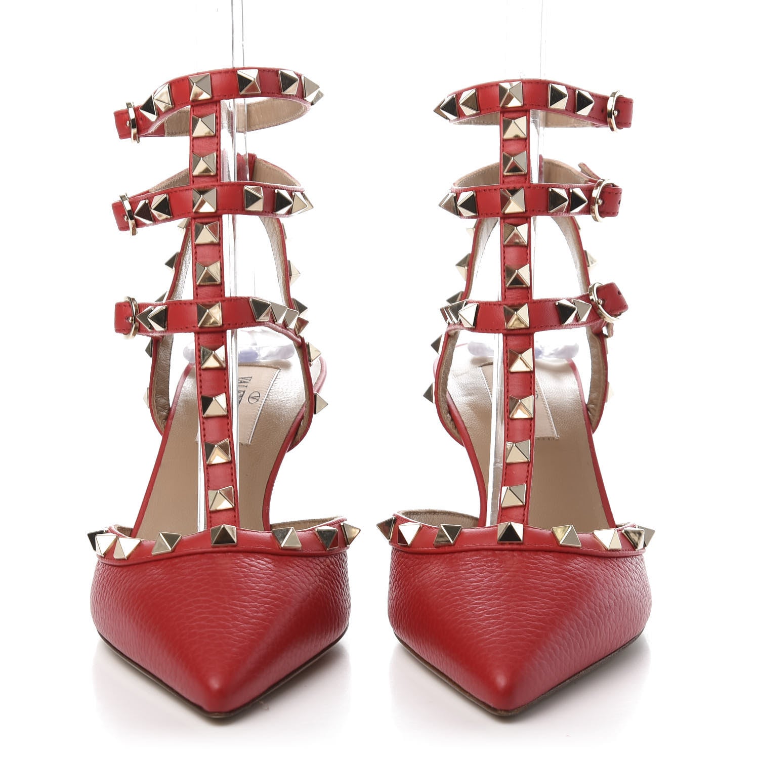 Valentino Garavani Pebbled Calfskin Rockstud Ankle Strap Low Heel Pumps 37 Rosso 2 of 9