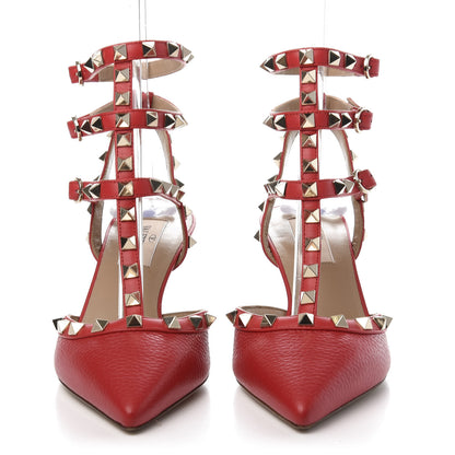 Valentino Garavani Pebbled Calfskin Rockstud Ankle Strap Low Heel Pumps 37 Rosso 2 of 9