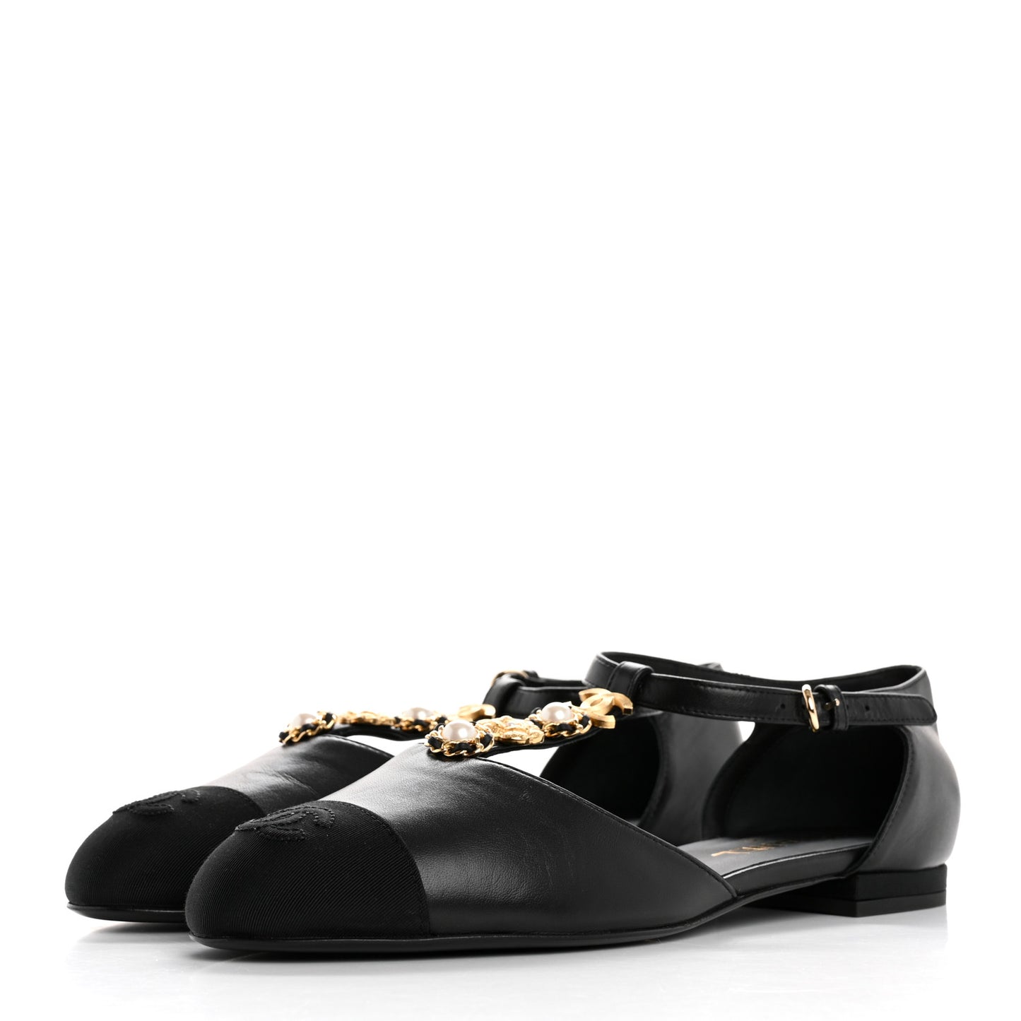 Lambskin Grosgrain Cap Toe Pearl CC Mary Jane Flats 40 Black
