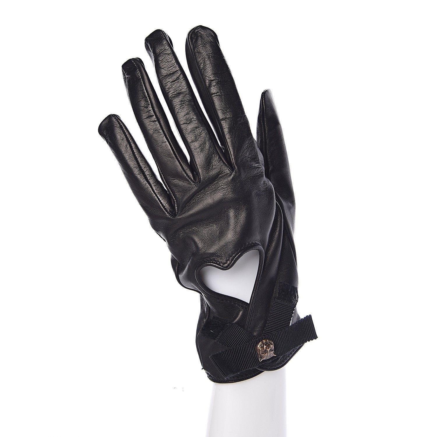 Gucci Nappa Feline Heart Grosgrain Gloves 8.5 Black 2 of 5