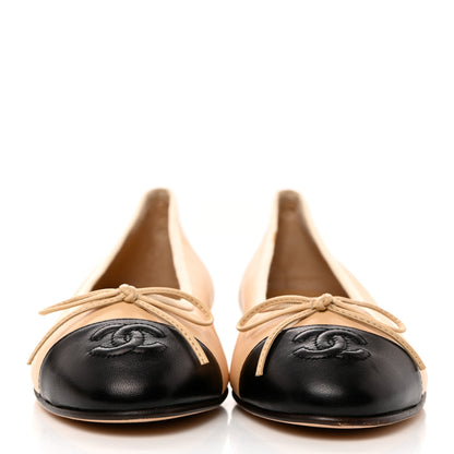 Chanel Lambskin Cap Toe CC Ballerina Flats 36.5 Beige Black 2 of 9