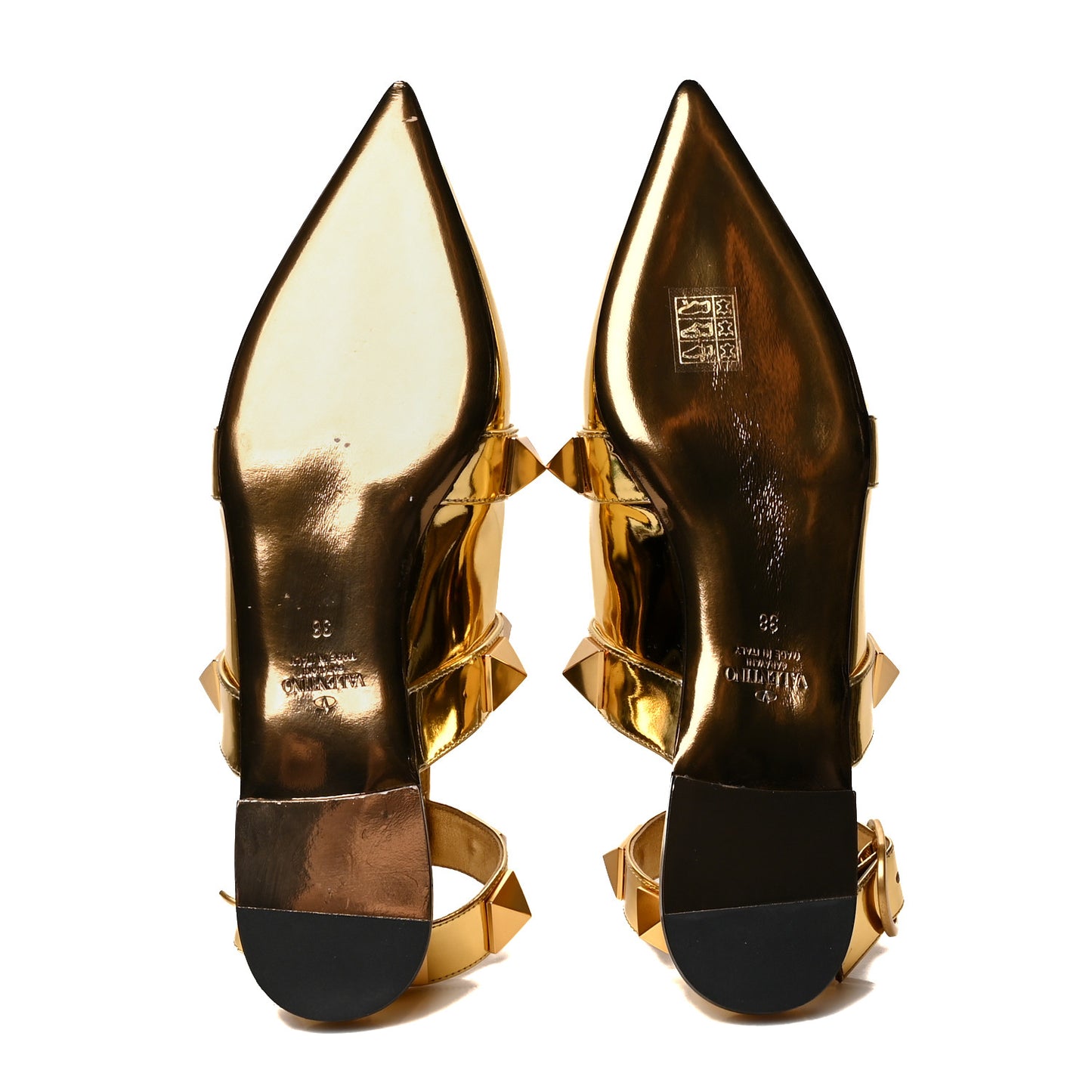 Metallic Patent Roman Stud Ankle Strap Flat Mules 38 Antique Brass