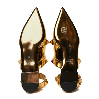 Valentino Garavani Metallic Patent Roman Stud Ankle Strap Flat Mules 38 Antique Brass 5 of 8