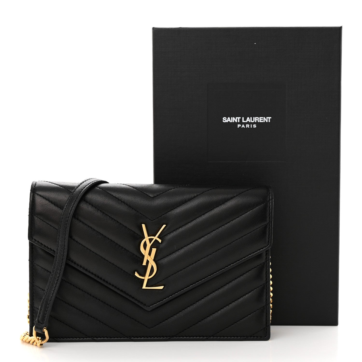 Saint Laurent Matelasse Chevron Monogram Envelope Chain Wallet Black 9 of 12