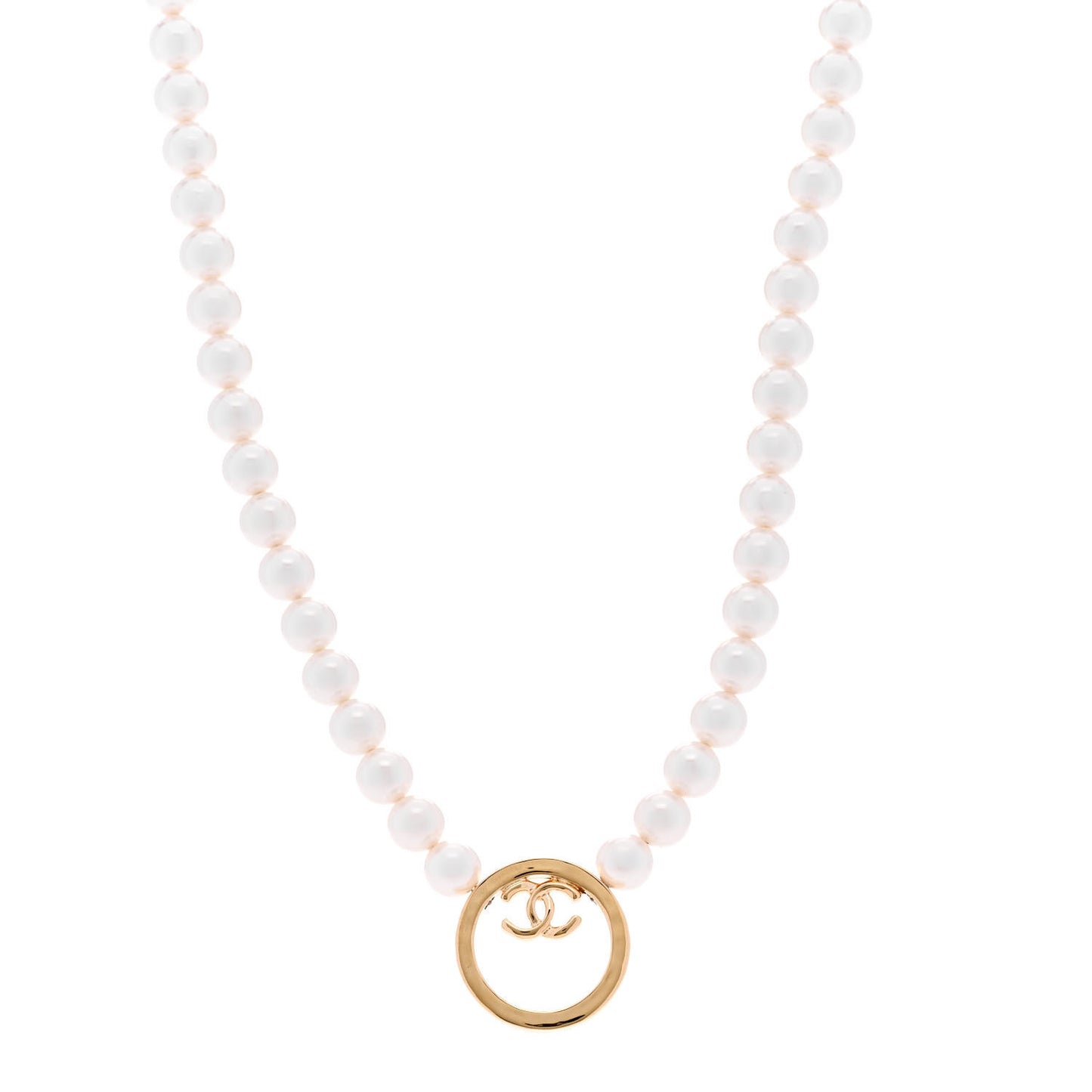 Pearl CC Round Long Necklace Gold White