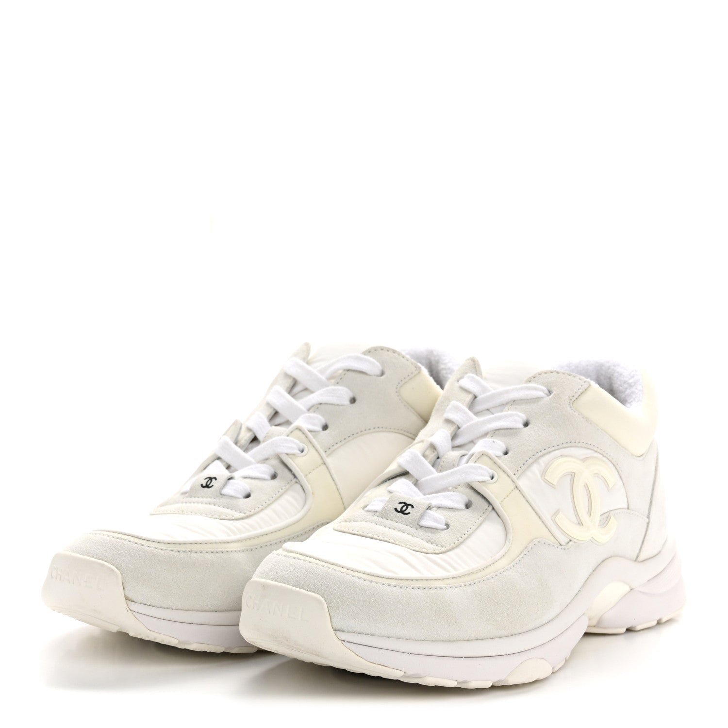 Chanel Suede Calfskin Fabric CC Sneakers 38.5 White 5 of 16