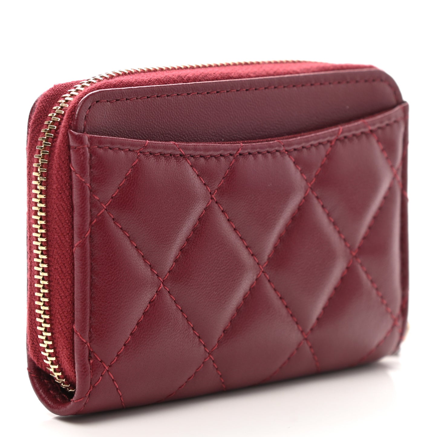 Lambskin Quilted Zip Around Coin Purse Wallet Burgundy