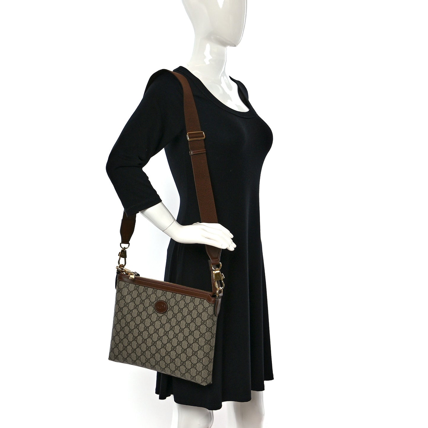 GG Supreme Monogram Azalea Calfskin Retro Interlocking G Wristlet Messenger Bag Beige Ebony Brown Sugar