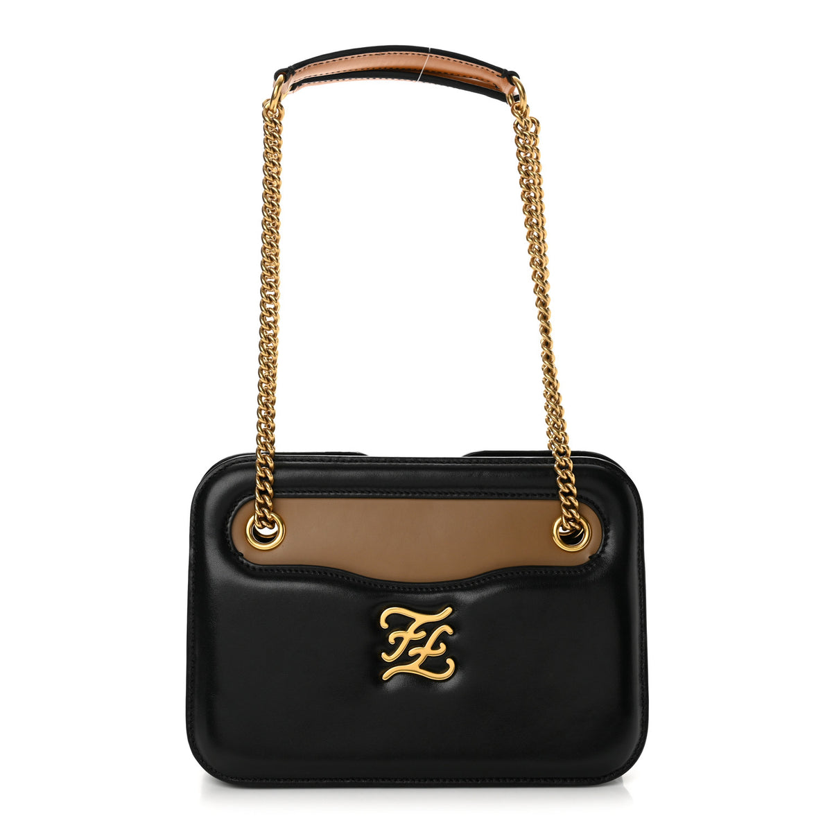 Fendi Vitello Glacier Karligraphy Pocket Shoulder Bag Black Gingerbread 1 of 10