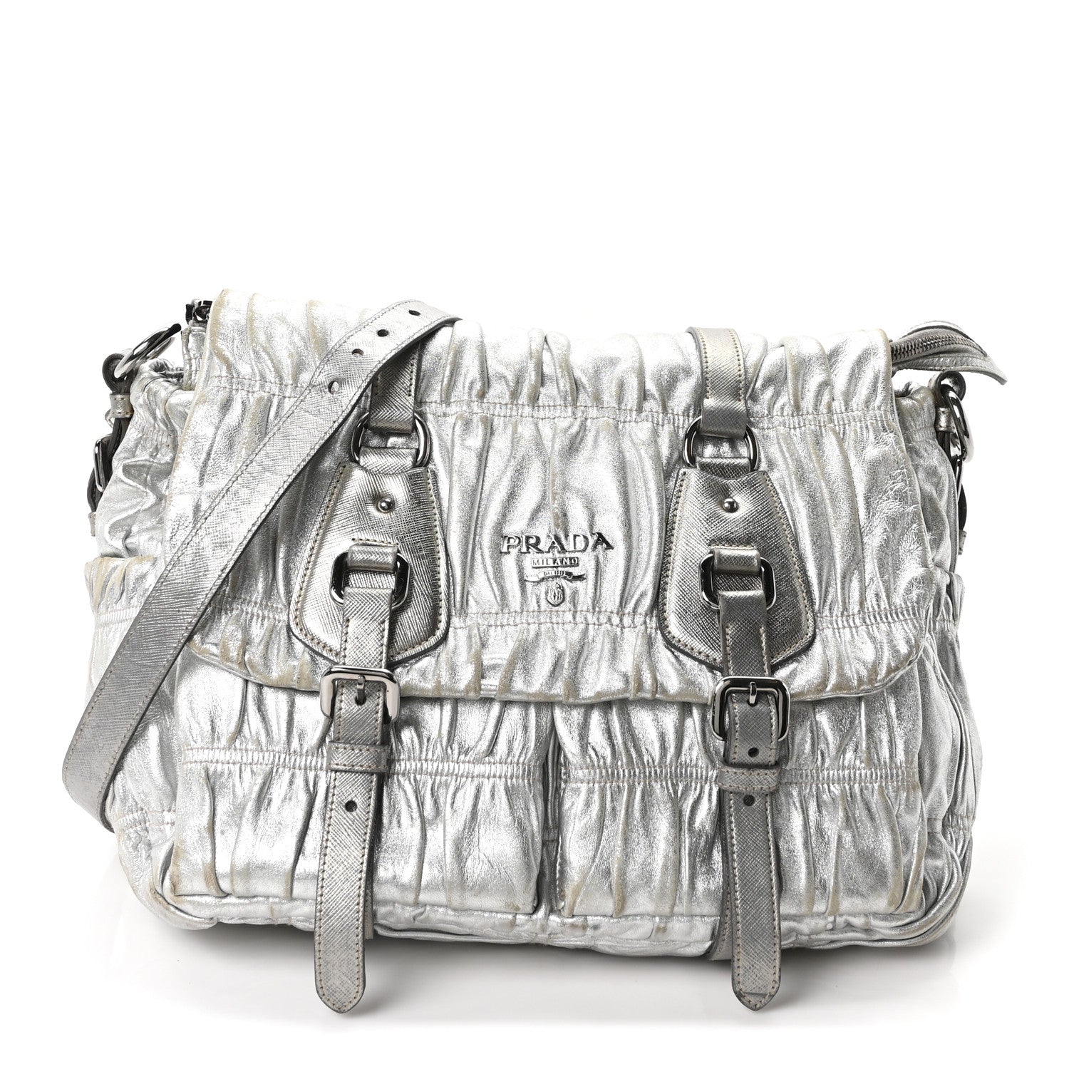 Prada Metallic Nappa Gaufre Messenger Tote Argento 1 of 9