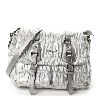 Prada Metallic Nappa Gaufre Messenger Tote Argento 1 of 9
