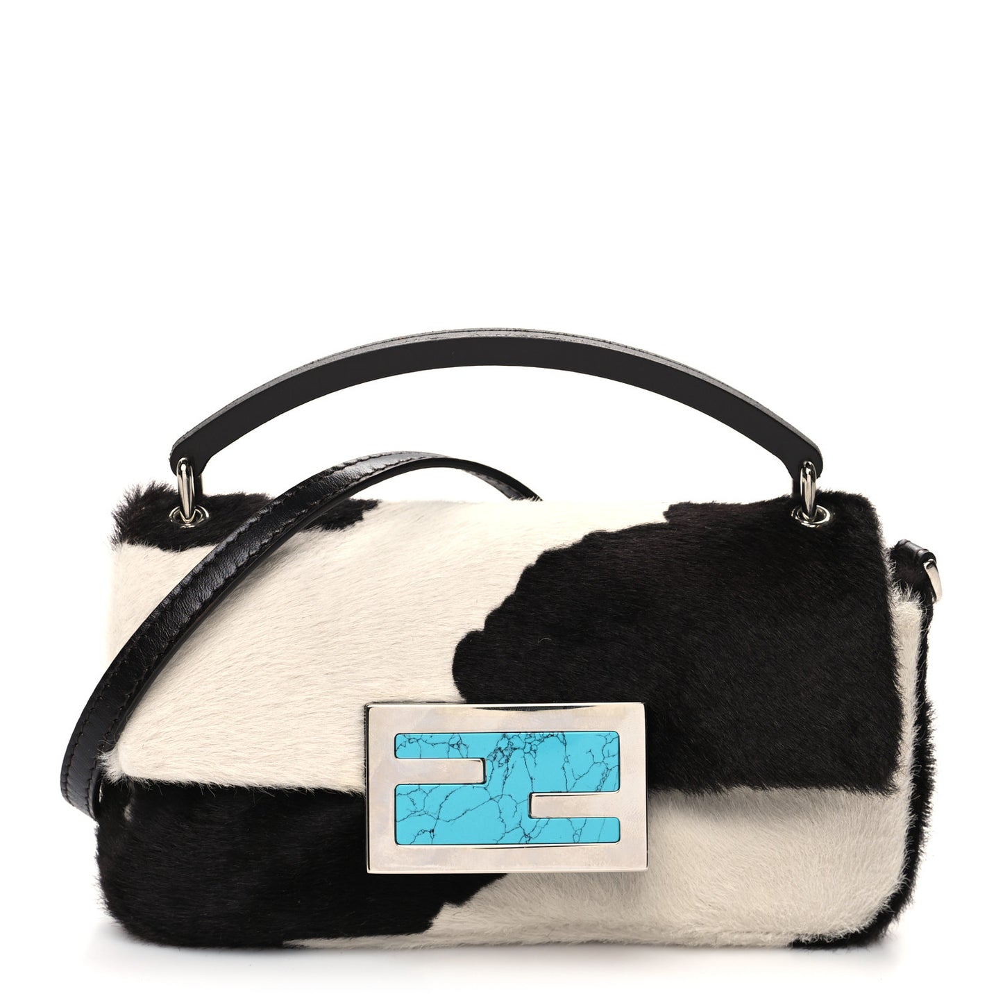 Calf Hair Cow Print Phone Baguette Black White