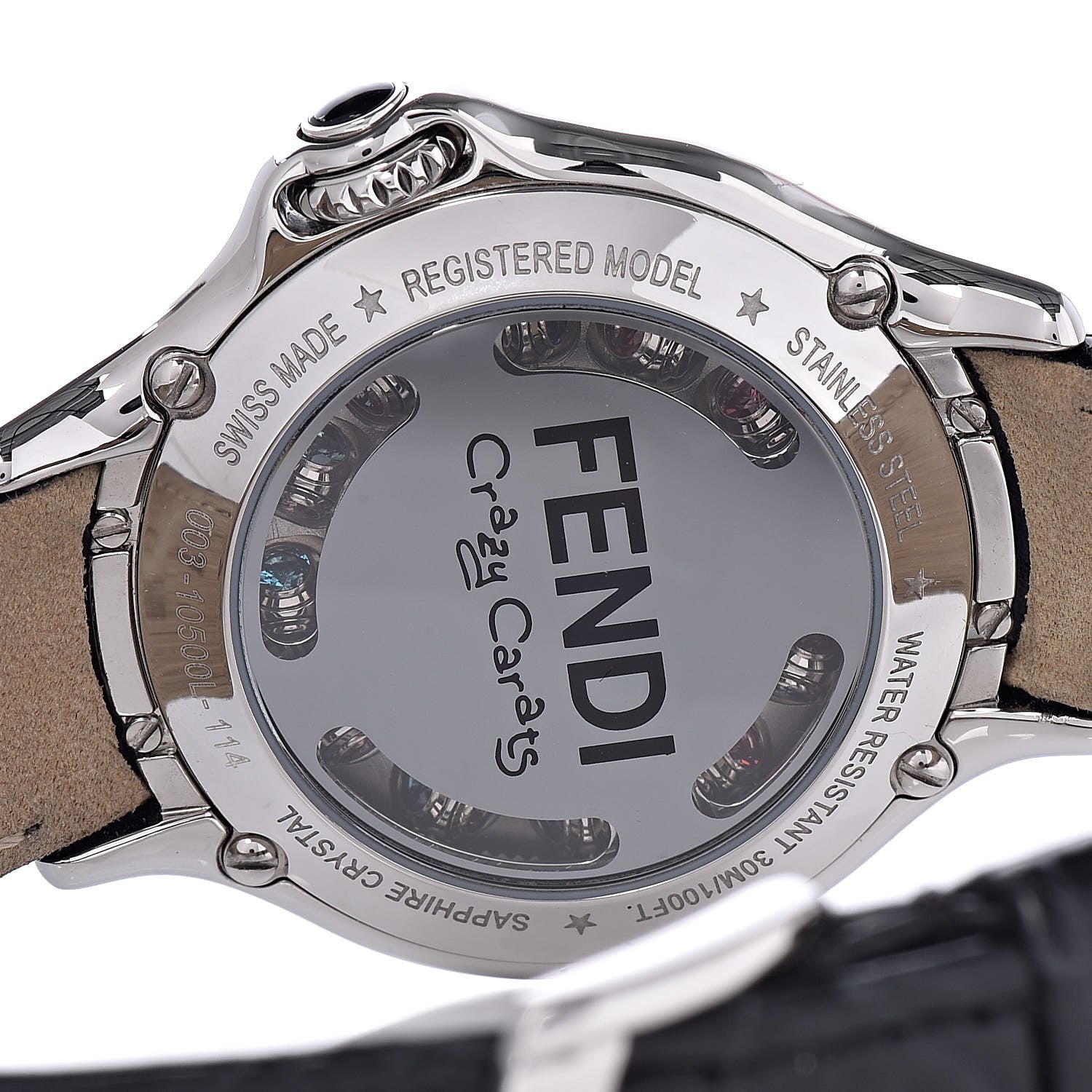 Fendi Stainless Steel Calfskin Diamond Topaz 33mm Crazy Carats Rotating Gem Quartz Watch Black 5 of 11